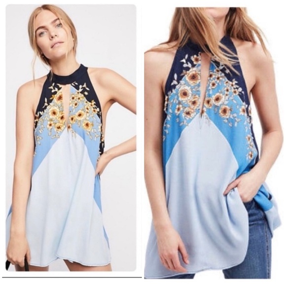 Free People Beat Of My Heart Tunic Top Mini Dress Size S Blue Floral Halter NWT - Picture 12 of 12
